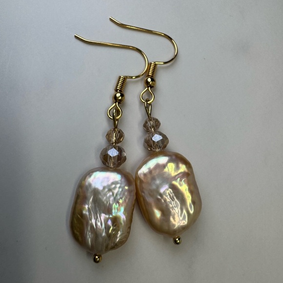 Gold Pearl & Crystal Earrings - Natural Freshwater Pearl - Picture 2 of 5